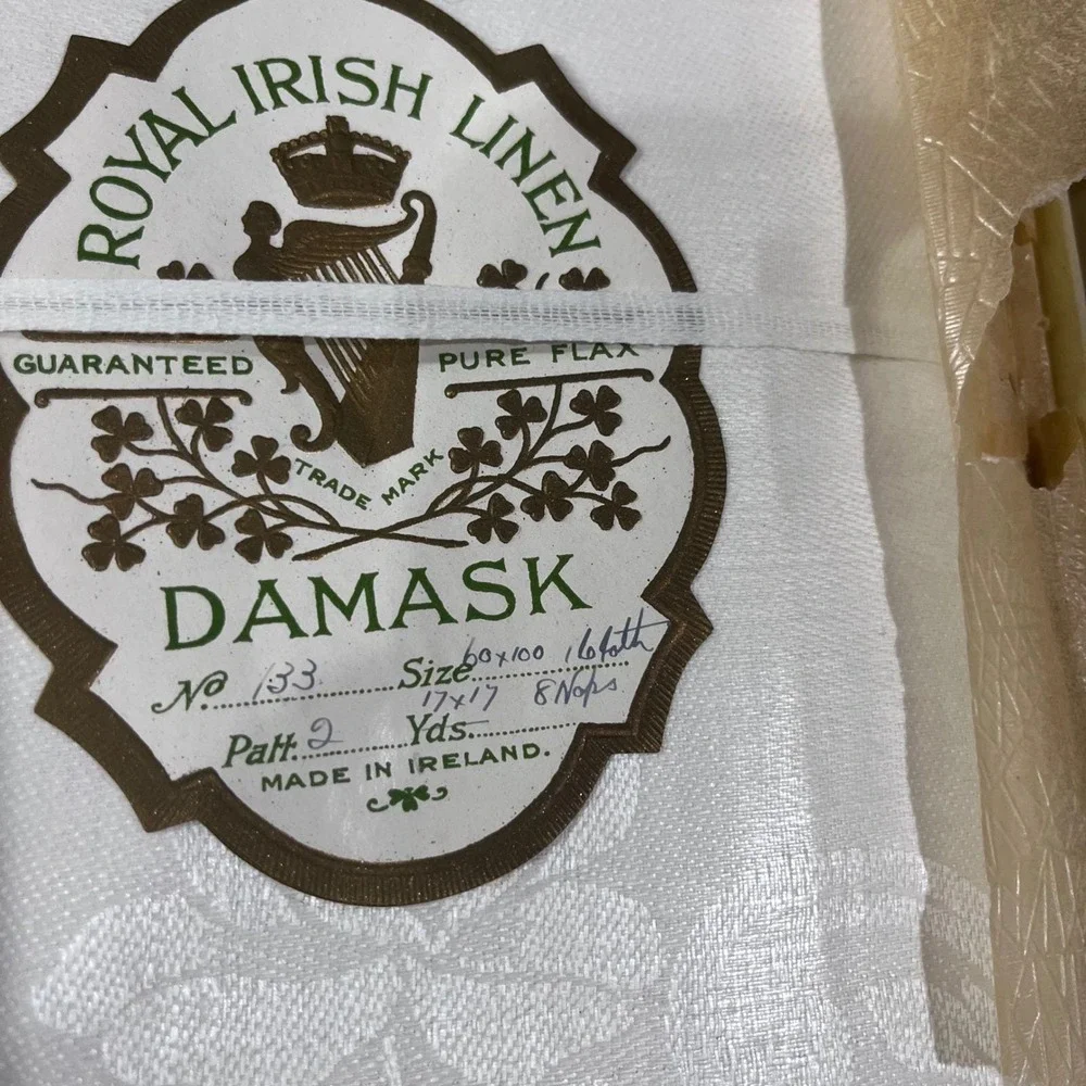 Vtg McBratney Royal Irish Linen Damask Tablecloth‎ 8 Napkins White Floral 60x100